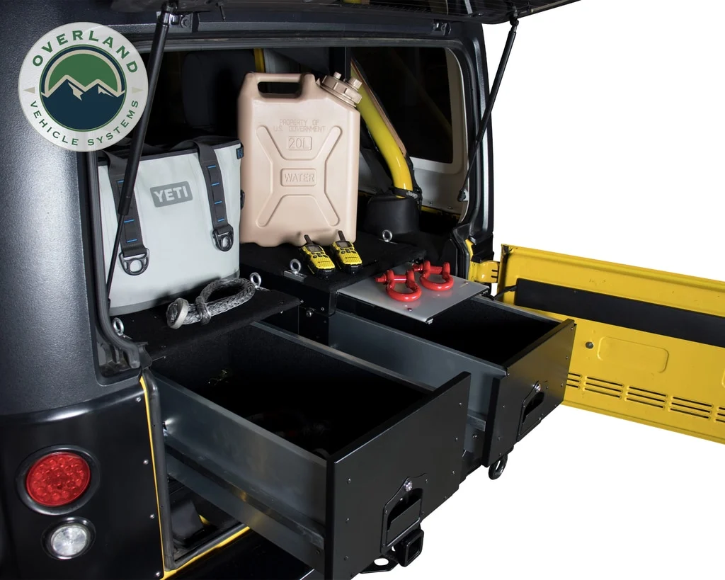 Cargo Box With Slide Out Drawer & Working Station Size Black Powder Coat Universal Overland Vehicle Systems - Image 4