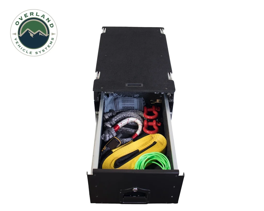 Cargo Box With Slide Out Drawer & Working Station Size Black Powder Coat Universal Overland Vehicle Systems - Image 7